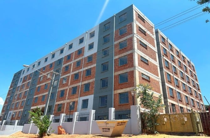 Aerial view of the seven-storey student accommodation building